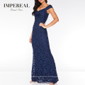 Off Shoulder Navy Blue Women Floral Crochet Traditional Formal Evening Dress